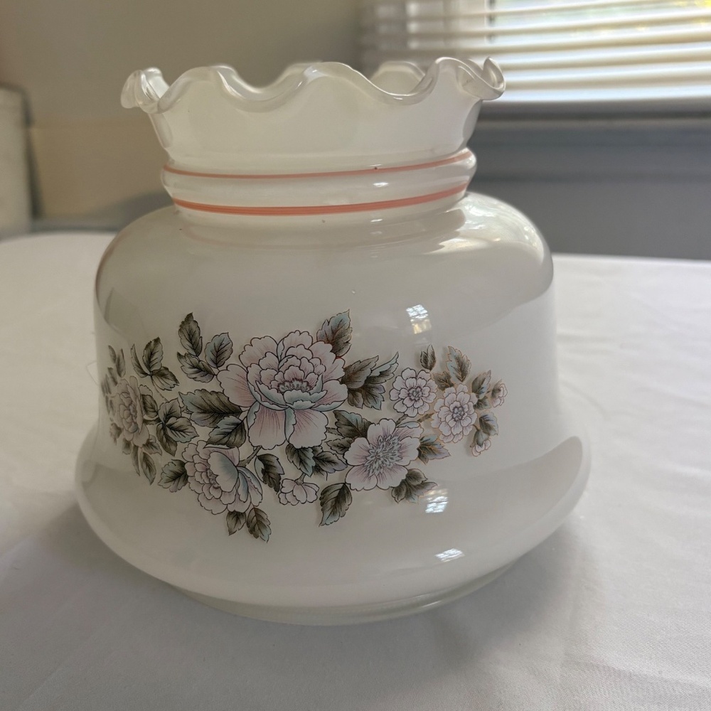 Vintage Milk Glass Hurricane Lamp Shade Floral Ruffled Top Edge 6.75" Base